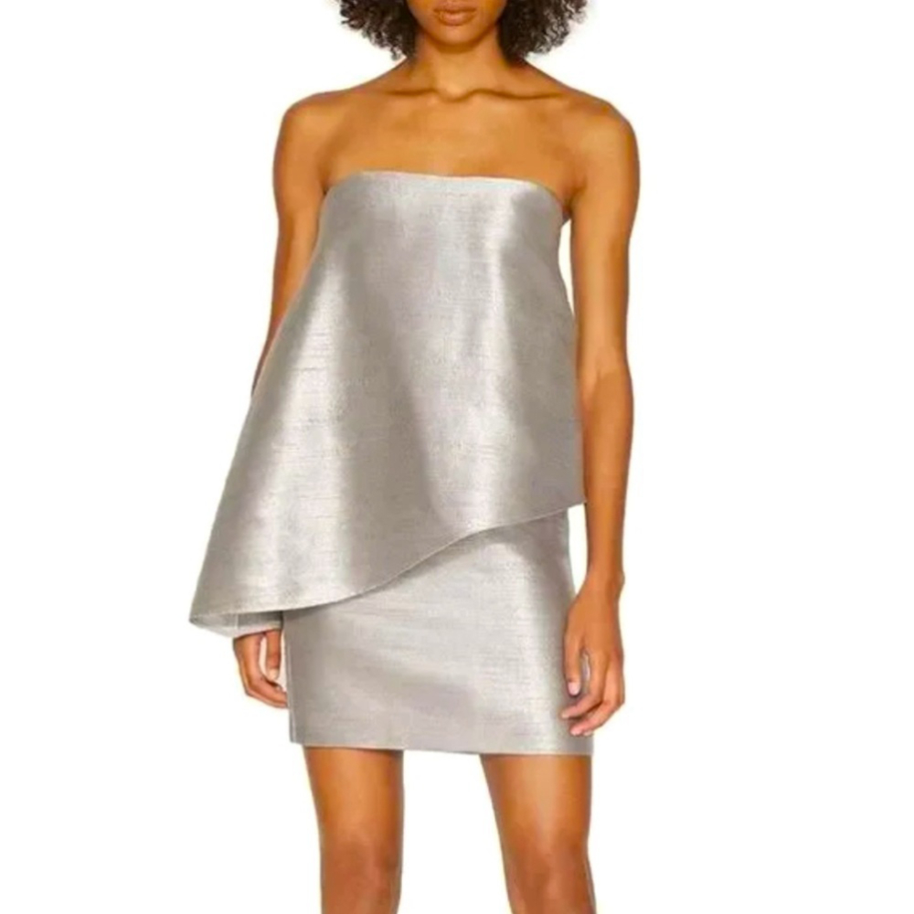 Halston HERITAGE Silver Strapless Mini Tiered Tube Dress Size 6 NWT